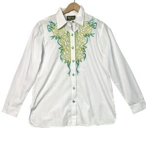 Bob Mackie Sz S Wearable Art Blouse Top Shirt White Embroidered Floral Artsy